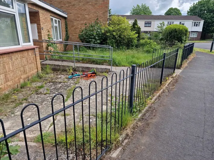 Neglected front approach and garden at Bristol bungalow before tidy-up
